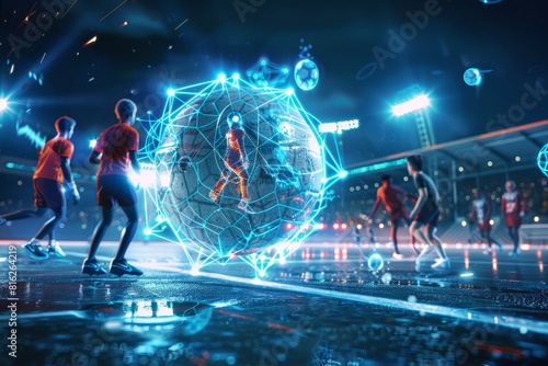 Futuristic Soccer Game with Holographic Projection and High-Tech Visuals