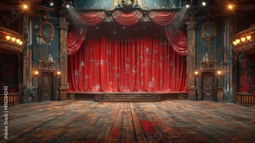 Classic theater stage with red curtains.
