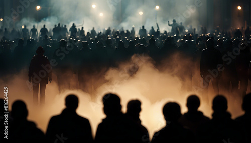 silhouette of crowd of protesters during action spotlights and smoke  © abu