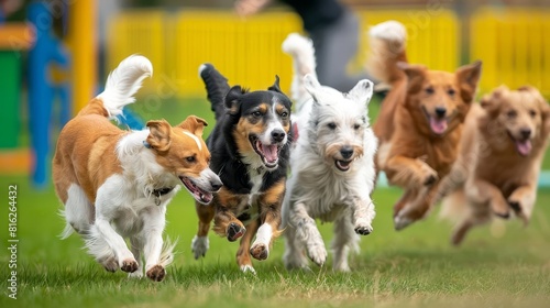 A dynamic scene of a group of dogs of various breeds at an agility training course, leaping over hurdles and navigating obstacles, Close up