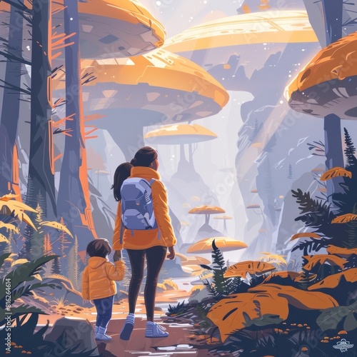 Mother and Child Exploring Futuristic Nature Reserve