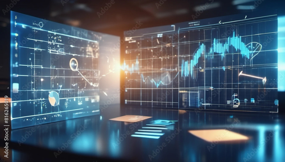 Blue hologram of vertical charts in modern office Blue hologram of vertical charts in modern office