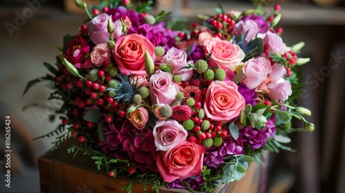 lovely bouquet in a box shaped like a heart.