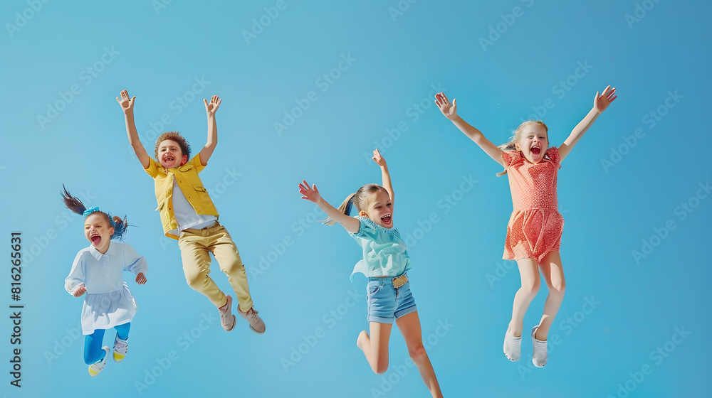 happiness childhood and people concept  magazine style collage of happy kids jumping in air over blue background : Generative AI