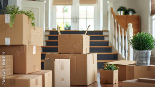 Cardboard boxes, potted plants and household stuff indoors. Moving day. AI Generative © Kharismafajar