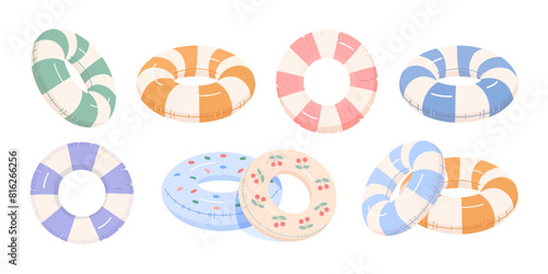 Set of inflatable swimming rings for swimming in pool or sea. Vector illustration in monochrome colors with pattern of stripes, polka dots, cherries on white isolated background. Side view, top view.