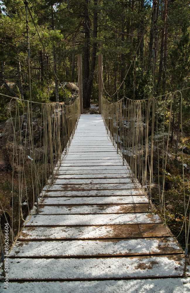 Obraz premium A beautiful wooden suspension bridge covered with snow. Vertical photography