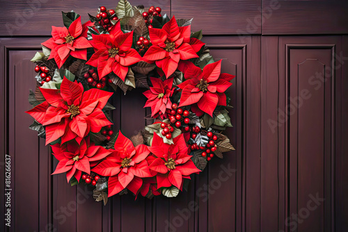Festive Red Poinsettia Wreath Decorating a Brown Front Door During the Holiday Season © petro