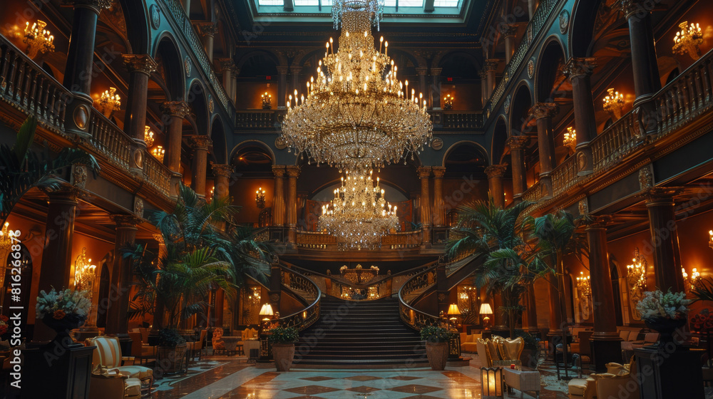 Obraz premium luxurious chandelier design, a stunning crystal chandelier hangs in the lobbys center, illuminating the ornate decor with a warm and inviting glow from the high ceiling