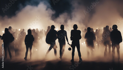 silhouette of crowd of protesters during action spotlights and smoke 