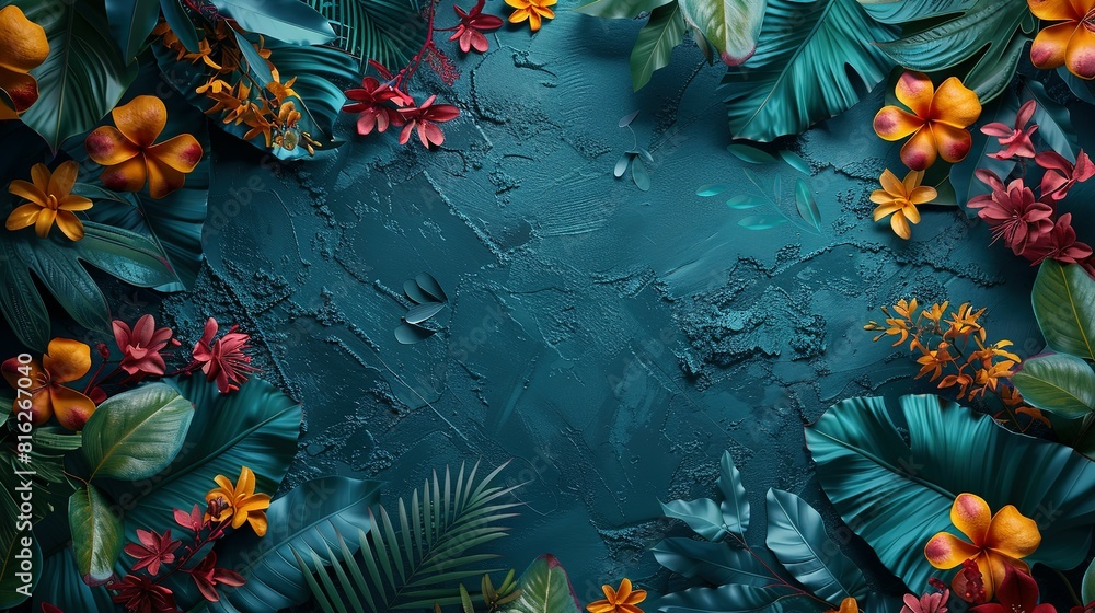 Tropical jungle with flower copy space, whimsical colorful photorealistic jungle vegetation vignetted background. Tropical jungle with flower copy space, whimsical colorful photorealistic jungle vegetation vignetted background.