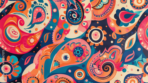 A paisley pattern with a retro vibe  featuring bold colors and funky shapes.