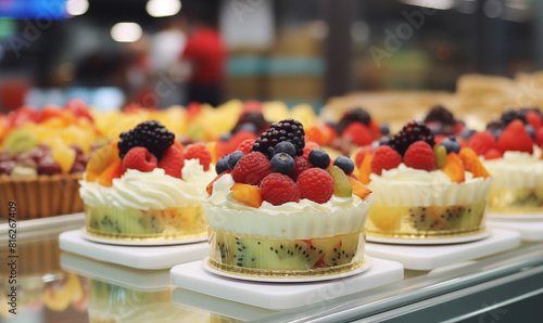 Delicious cake with fresh berries and cream in a store ready to be sold  generated by ai 