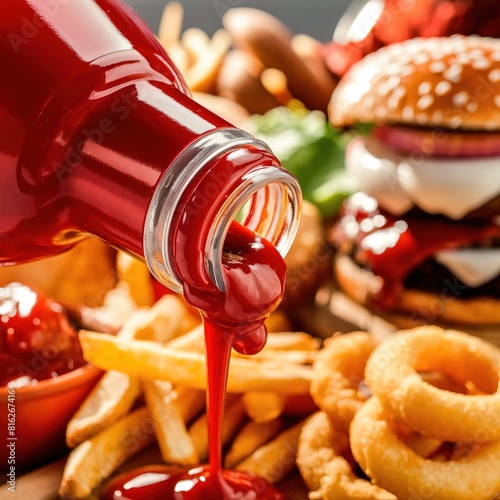 Close-up of ketchup tomato sauce bottle fastfood concept food