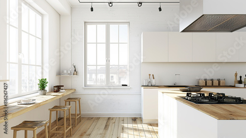 Corner view on bright kitchen room interior with panoramic window  island  cupboard. AI Generative