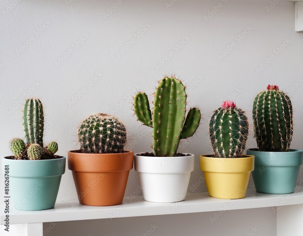 Collection of cactus plants in different colorful pots. Potted house plants on white shelf at home. Collection of cactus plants in different colorful pots. Potted house plants on white shelf at home.