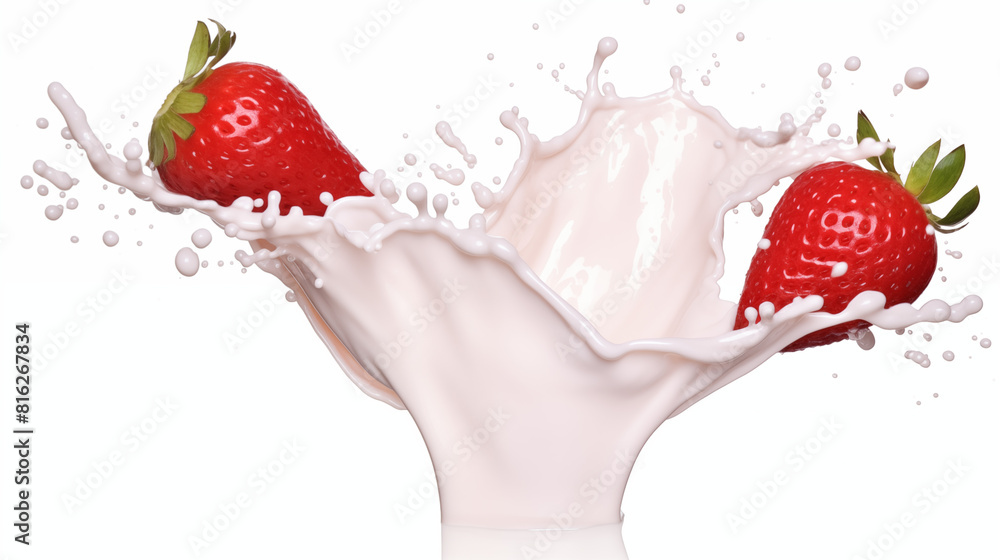 Obraz premium Fresh strawberries splashing into creamy milk – high-speed photography