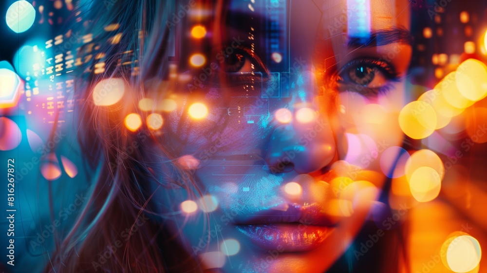 young beautiful woman in big cyberspace city portrait, closeup face with digital trace and blurred urban lights, futuristic youth concept