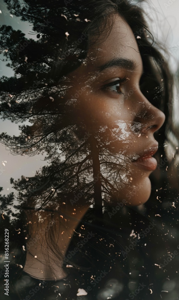 Obraz premium dreamy woman portrait with double exposure forest effect, mindfulness and ecology awareness, people and nature conservation concept, peaceful mind nad imagination