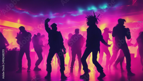 silhouettes of people dancing at a crowded party at midnight, colorful lights and smoke at background, neon punk style 