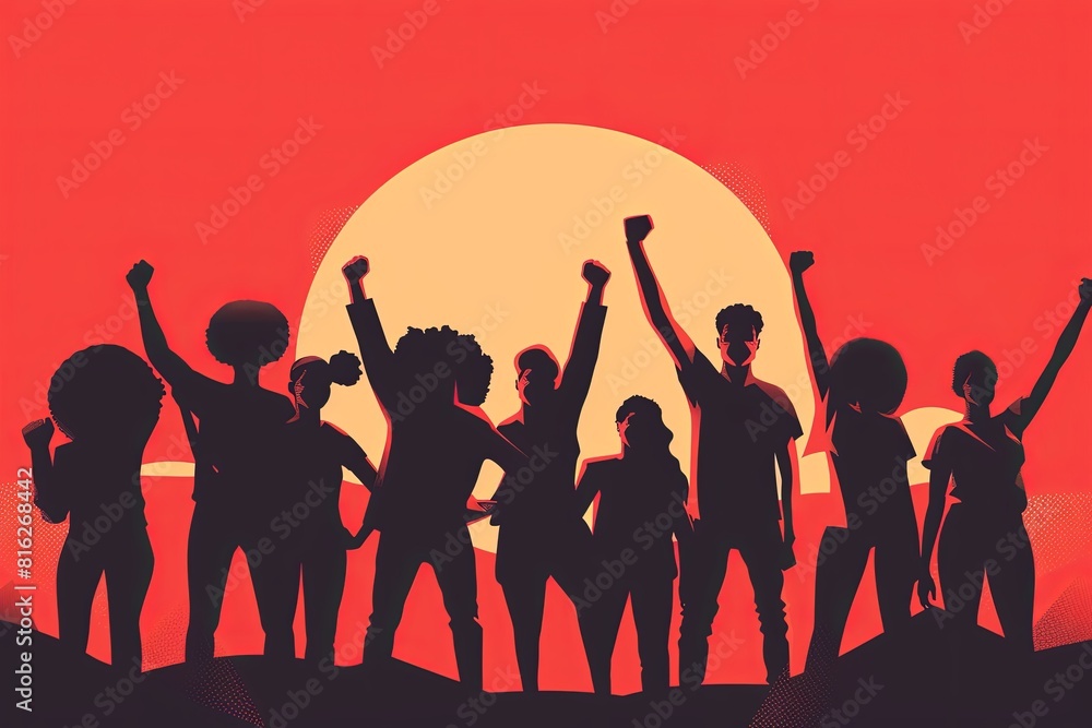 A group of diverse individuals stands together with raised fists, symbolizing unity and resistance. A group of diverse individuals stands together with raised fists, symbolizing unity and resistance.