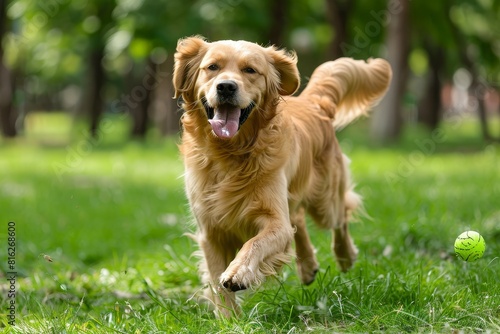 Joyful Golden Retriever Playing Fetch in a Lush Green Park