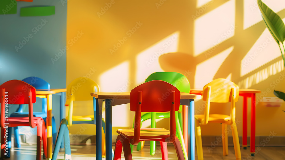 Colorful kindergarten class without childs school education desk chair toy and decoration on background wall Childhood : Generative AI