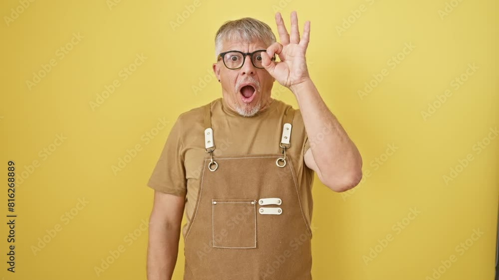 Shocked middle-aged grey-haired man in glasses and apron doing a cheeky 'ok' gesture, peeping through fingers with a surprised expression. standing against a vibrant yellow isolated background. Shocked middle-aged grey-haired man in glasses and apron doing a cheeky 'ok' gesture, peeping through fingers with a surprised expression. standing against a vibrant yellow isolated background.