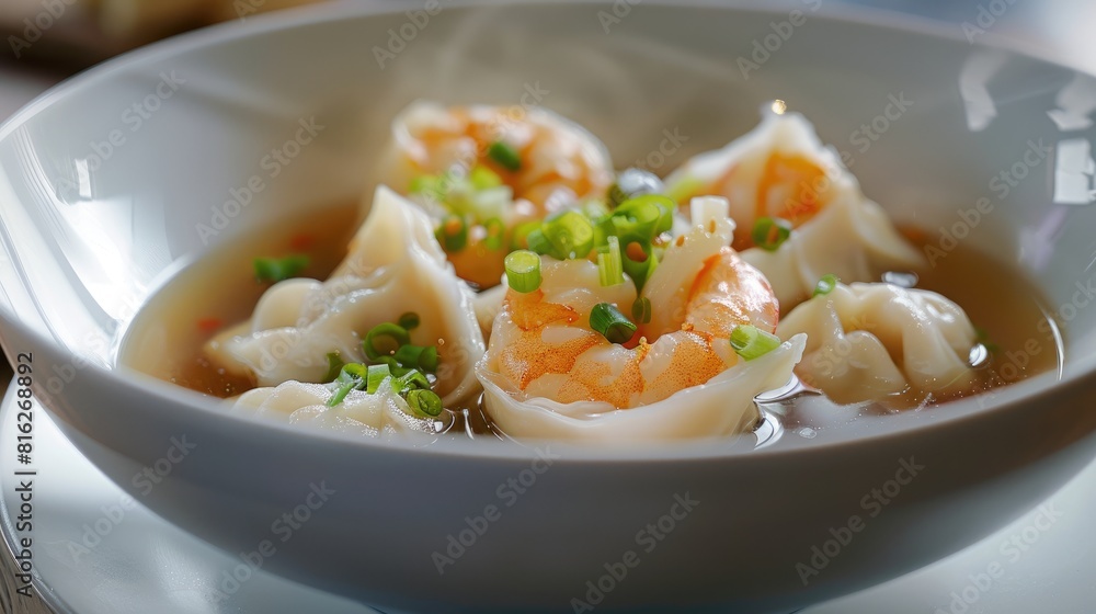 Asian style shrimp dumpling soup served in a white bowl Asian style shrimp dumpling soup served in a white bowl