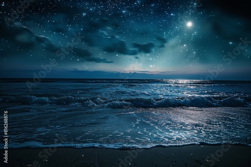 Serene Moonlit Beach with Gentle Waves and Starry Sky