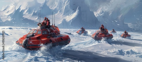 Hovercrafts Traversing Frozen Icescape During Expedition to Uncover Ancient Ruins photo