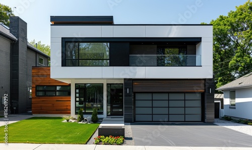 A modern minimalist style house with a car garage