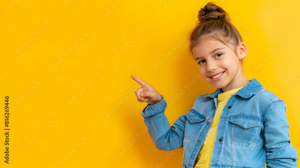 Photo of sweet charming preteen girl dressed jeans shirt pointing finger empty space smiling isolated yellow color background : Generative AI Photo of sweet charming preteen girl dressed jeans shirt pointing finger empty space smiling isolated yellow color background : Generative AI