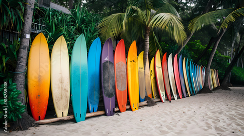 A vibrant row of surfboards of various colors stands against palm trees on a sandy beach, embodying a tropical surf culture