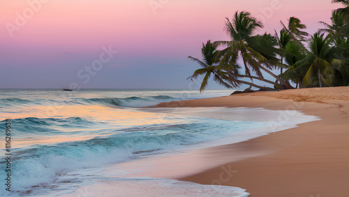 A stunning photo of a serene beach at sunset  featuring golden sand and gentle waves that glisten under the warm hues of the setting sun