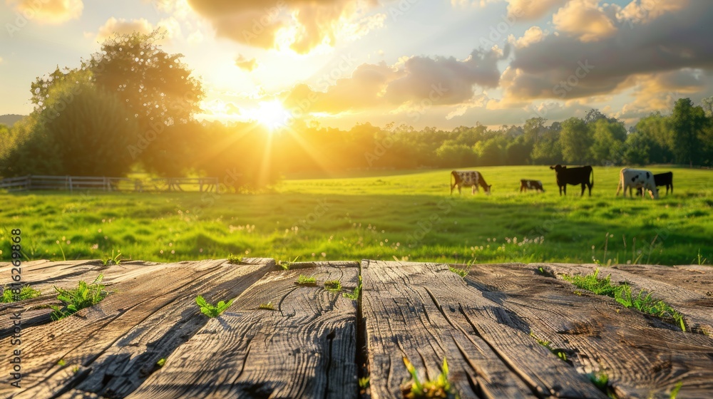 Fototapeta premium A field with cows grazing and a sun shining on the grass. The sun is setting and the sky is filled with clouds