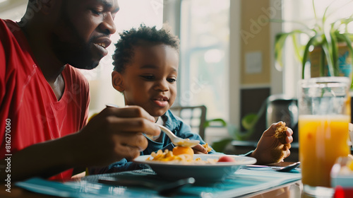 African american father looking at son eating breakfast cereals at dining table at home copy space Unaltered family togetherness childhood lifestyle food fresh and healthy concept : Generative AI photo