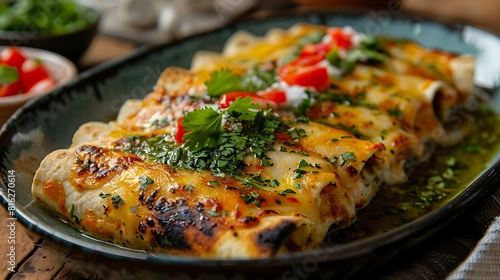 Chicken enchiladas with green sauce  fresh foods in minimal style