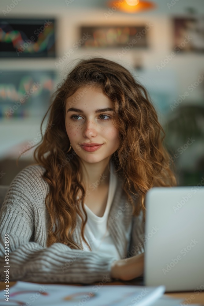 young cheerful woman working with laptop at office or at home, person works with computer remote young cheerful woman working with laptop at office or at home, person works with computer remote