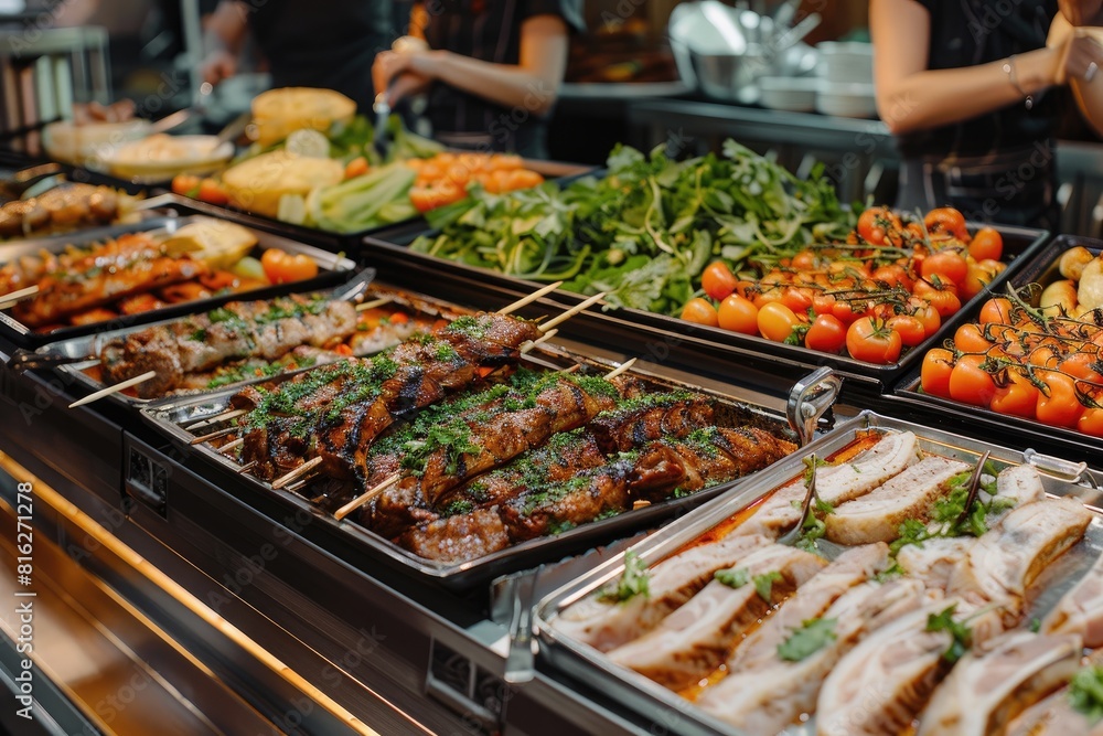 Obraz premium A buffet of food with a variety of meats and vegetables. Scene is inviting and appetizing