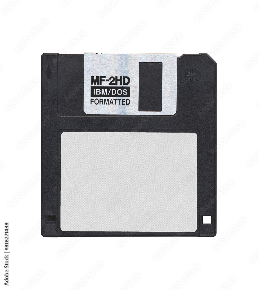 Isolated Retro 3.5” Floppy Disk mockup with white empty label sticker ...