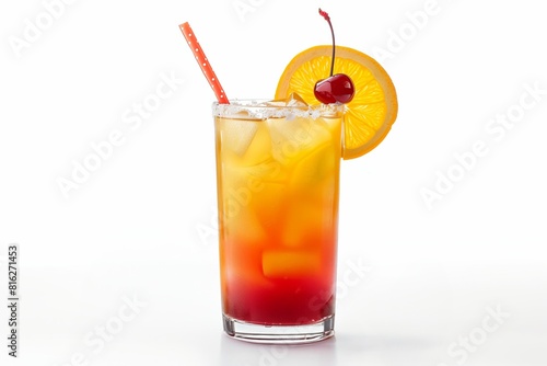 Vibrant tequila sunrise cocktail in a glass, adorned with an orange slice and cherry