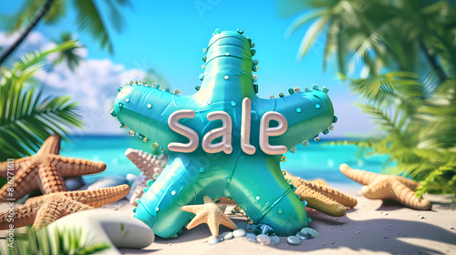 A blue starfish wrapped in lights spelling out SALE on a sandy beach surrounded by seashells and starfish