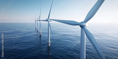 An offshore wind turbines lined up in the ocean The nearest turbine is prominently featured photo
