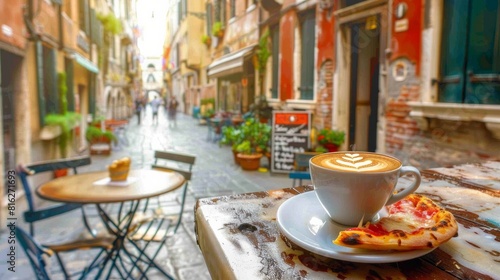 Vacations in Italy. Cup of espresso coffee with pieces of pizza with gorgeous italian street on the backdrop