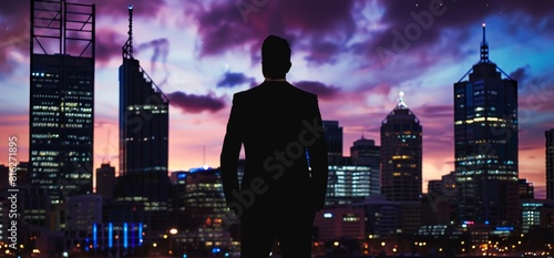 A business man silhouette standing on the roof with skyline of perth city in background at night Generative AI photo