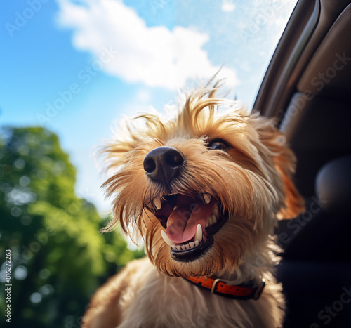 Puppy sticks his head out of the car window and goes happily on his way.