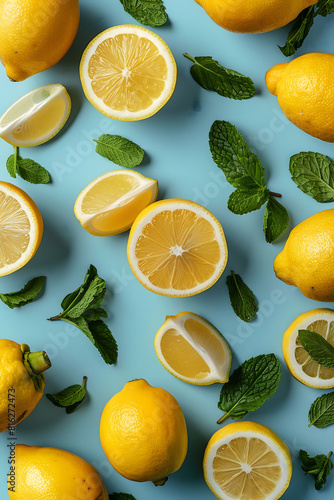 Creative pattern with lemons and mint leaves on pastel blue background  flat lay top view