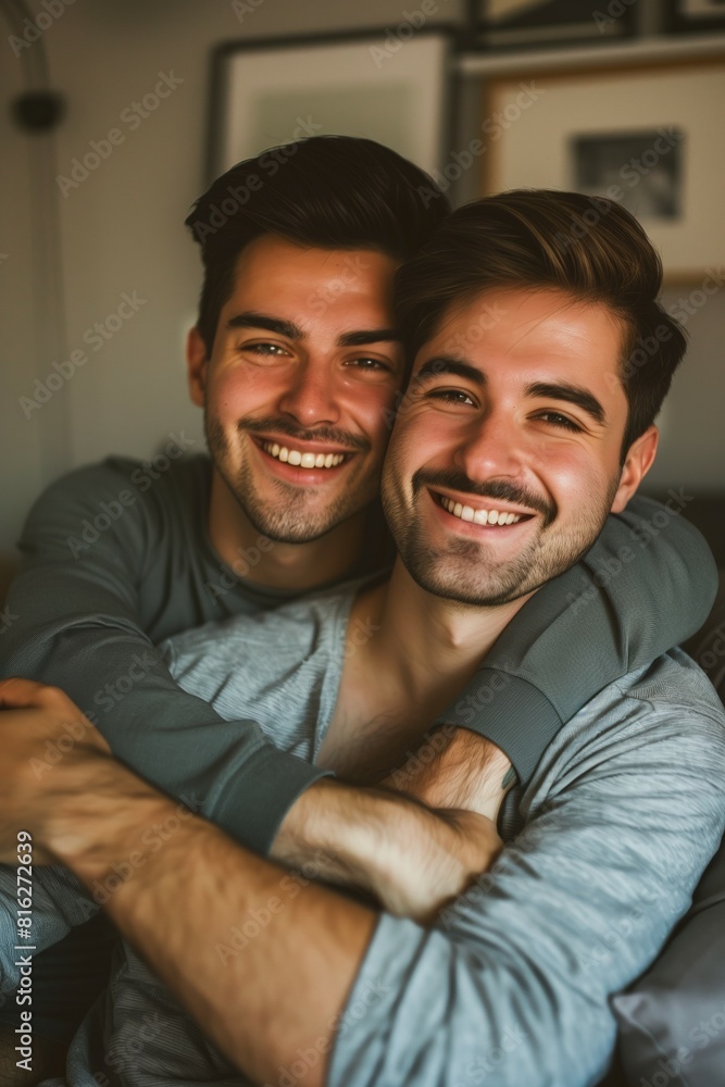 Obraz premium two happy gay men hugging and looking at camera, lgbt love concept