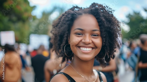 happy cheerful black african american woman smiling and looking at camera outdoors at street